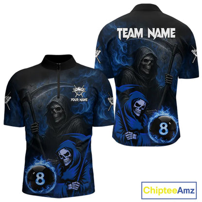 Blue Flames 8 Ball Pool Billiard Team Shirt For Men Custom Grim Reaper Billiard Balls Jerseys NYN2440