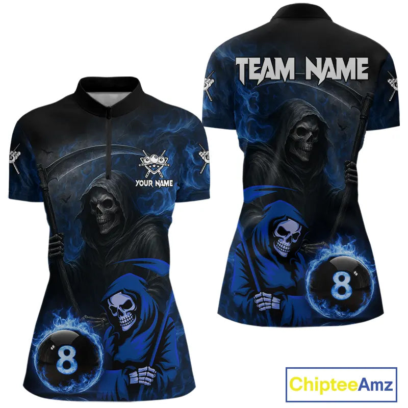 Blue Flames 8 Ball Pool Billiard Team Shirt For Women Custom Grim Reaper Billiard Balls Jerseys NYN2440