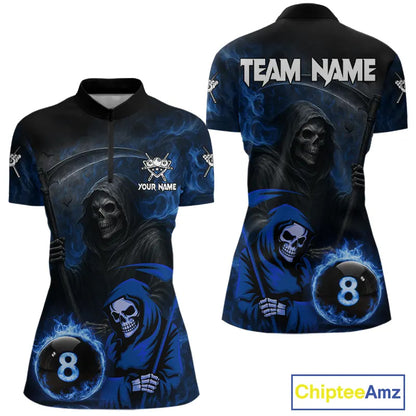 Blue Flames 8 Ball Pool Billiard Team Shirt For Women Custom Grim Reaper Billiard Balls Jerseys NYN2440