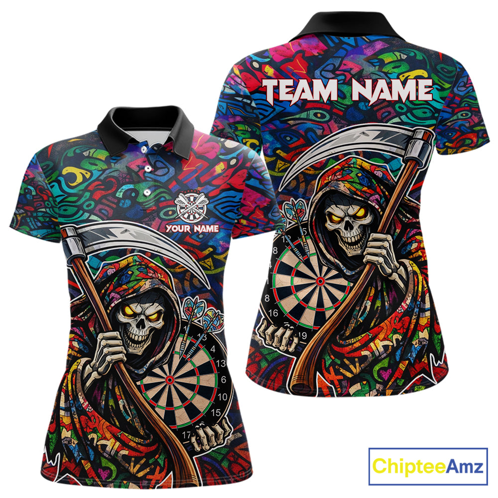 Graffiti Grim Reaper Dartboard & Arrow Darts Polo Shirt For Women Custom Funny Dart Team Shirt NYN2658