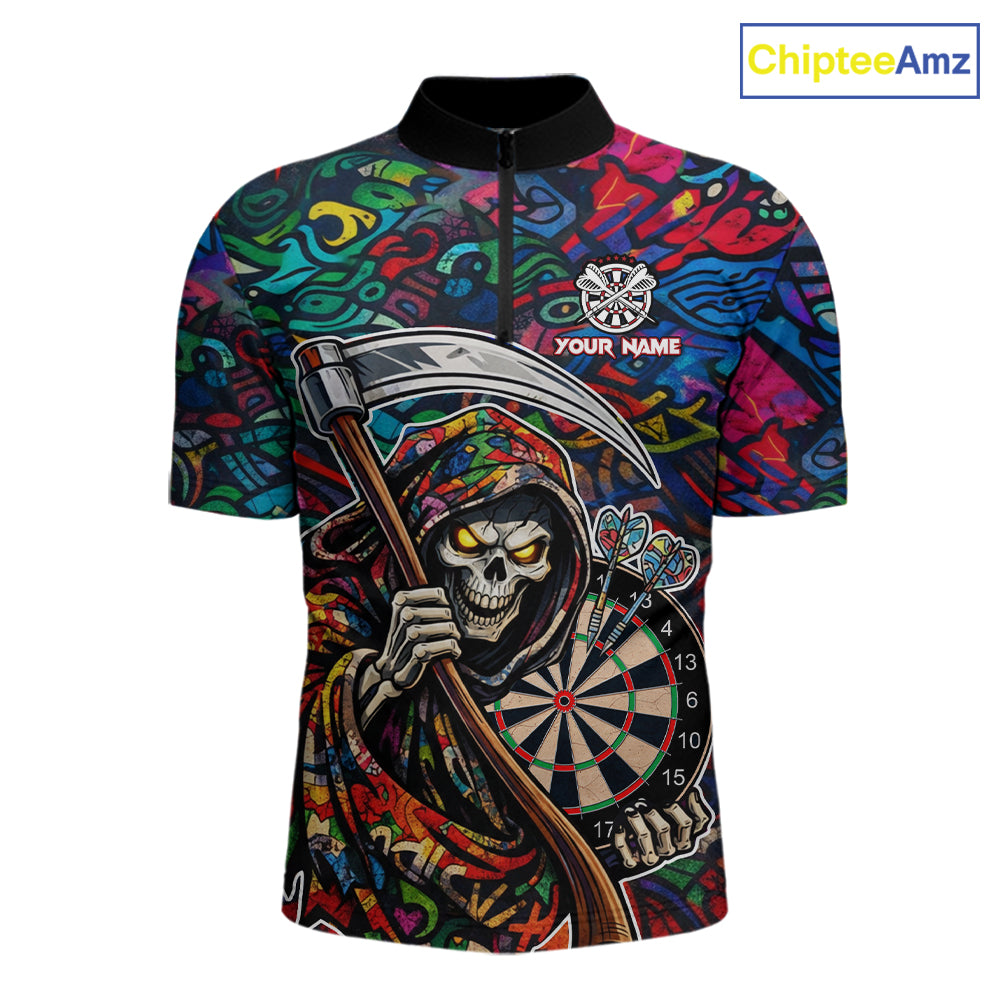 Graffiti Grim Reaper Dartboard & Arrow Darts Quarter-Zip Shirt For Men Custom Funny Dart Team Shirt NYN2658