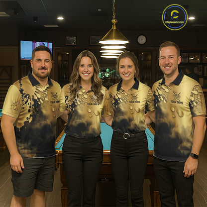 Custom Black And Gold Splatter Billiard Pool Shirts For Men Flame 8 Ball Billiard Team Attire NYN3018