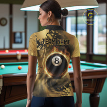 Load image into Gallery viewer, Custom Black And Gold Splatter Billiard Pool Shirts For Women Flame 8 Ball Billiard Team Attire NYN3018