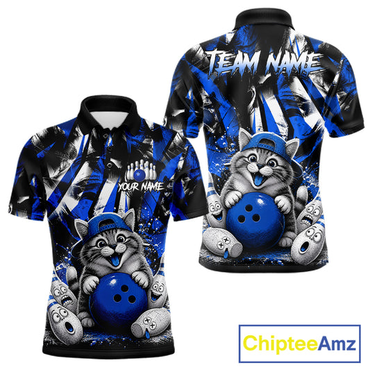 Funny Cat Blue & White Grunge Bowling Jersey For Men Custom Bowling Tournament Bowling Team Shirts NYN3198