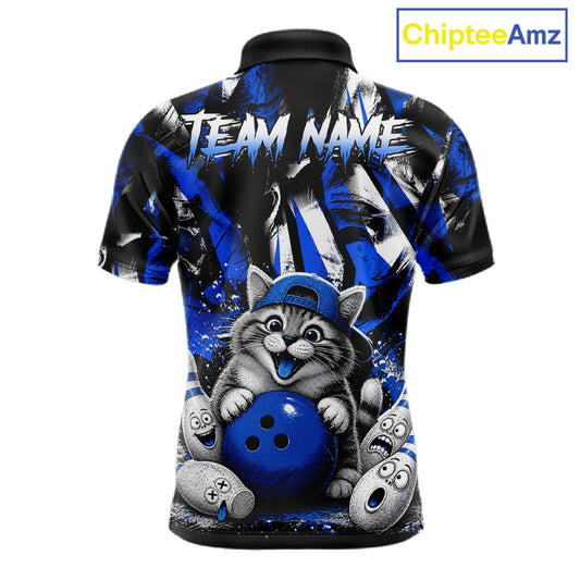 Funny Cat Blue & White Grunge Bowling Jersey For Men Custom Bowling Tournament Bowling Team Shirts NYN3198