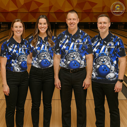 Funny Cat Blue & White Grunge Bowling Jersey For Men Custom Bowling Tournament Bowling Team Shirts NYN3198