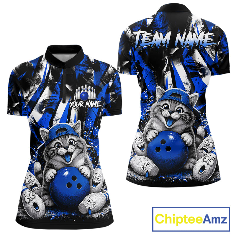 Funny Cat Blue & White Grunge Bowling Jersey For Women Custom Bowling Tournament Bowling Team Shirts NYN3198
