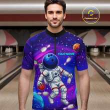 Load image into Gallery viewer, Man wearing funny astronaut galaxy bowling shirt custom bowling apparel