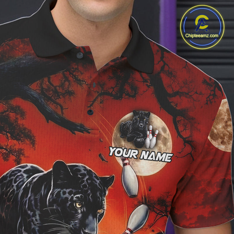 Man wearing black red panther bowling shirt custom bowling apparel
