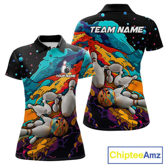 Colorful bowling polo shirt for women custom bowling team jersey mockup