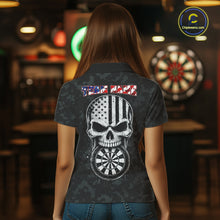Load image into Gallery viewer, Female model wearing Patriotic Skull Eagle Black Women's Darts Polo, Personalized USA League Apparel