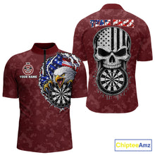 Load image into Gallery viewer, Patriotic USA Flag Skull Eagle Men's Quarter-Zip Darts Jersey Mockup, Red Personalized League Shirt