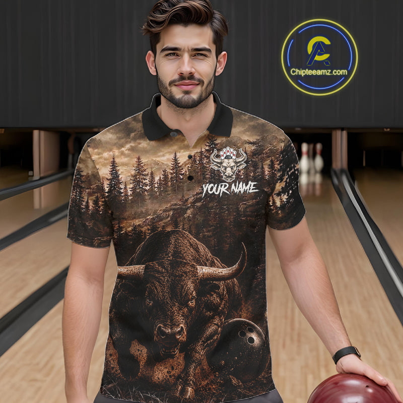 Funny Bull Bowling Shirts For Men Custom Grunge Forest Polo & 1/4 Zip Bowling Team Jersey NYN3731