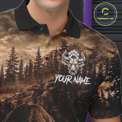 Funny Bull Bowling Shirts For Men Custom Grunge Forest Polo & 1/4 Zip Bowling Team Jersey NYN3731