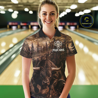 Funny Bull Bowling Shirts For Women Custom Grunge Forest Polo & 1/4 Zip Bowling Team Jersey NYN3731