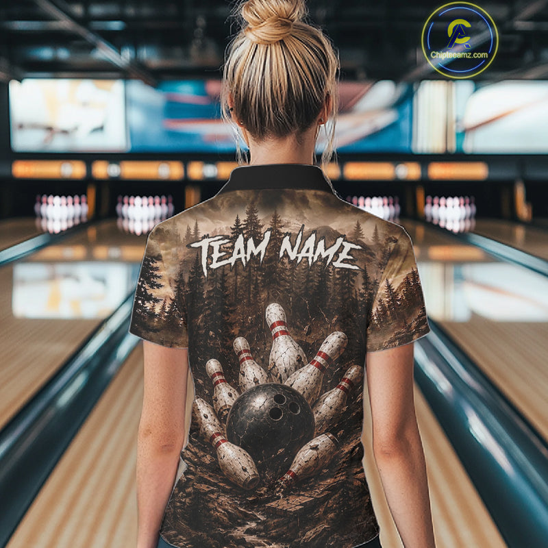 Funny Bull Bowling Shirts For Women Custom Grunge Forest Polo & 1/4 Zip Bowling Team Jersey NYN3731