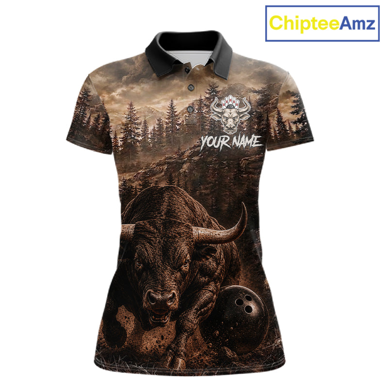 Funny Bull Bowling Shirts For Women Custom Grunge Forest Polo & 1/4 Zip Bowling Team Jersey NYN3731