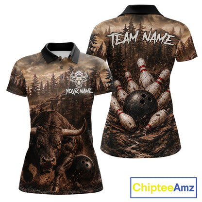 Funny Bull Bowling Shirts For Women Custom Grunge Forest Polo & 1/4 Zip Bowling Team Jersey NYN3731