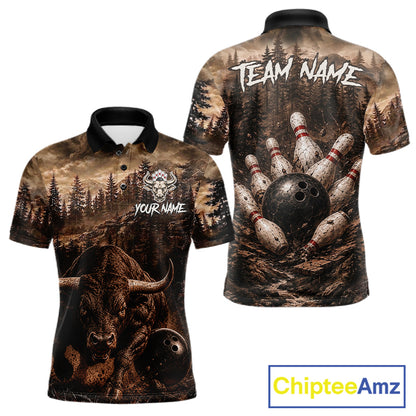 Funny Bull Bowling Shirts For Men Custom Grunge Forest Polo & 1/4 Zip Bowling Team Jersey NYN3731