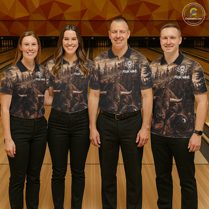 Funny Bull Bowling Shirts For Women Custom Grunge Forest Polo & 1/4 Zip Bowling Team Jersey NYN3731