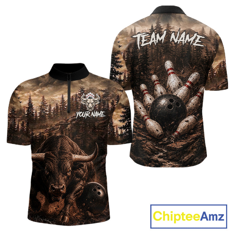 Funny Bull Bowling Shirts For Men Custom Grunge Forest Polo & 1/4 Zip Bowling Team Jersey NYN3731