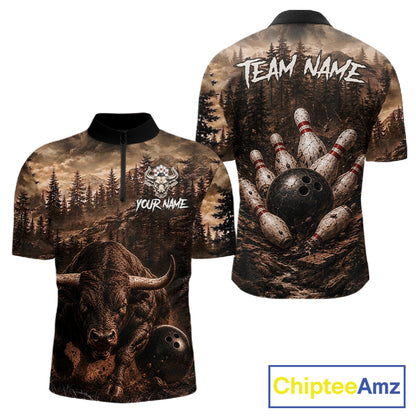 Funny Bull Bowling Shirts For Men Custom Grunge Forest Polo & 1/4 Zip Bowling Team Jersey NYN3731