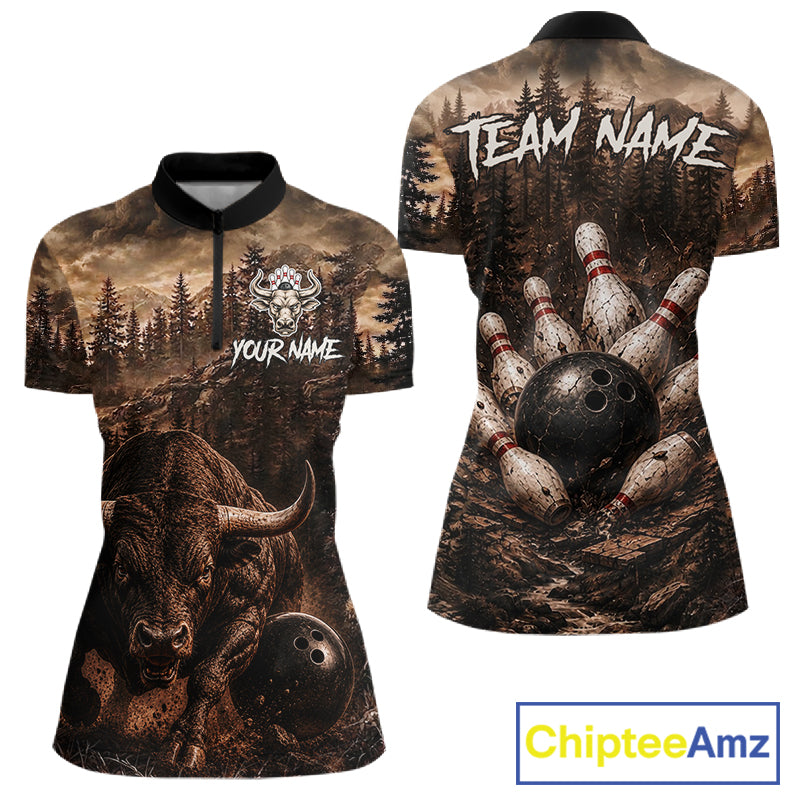 Funny Bull Bowling Shirts For Women Custom Grunge Forest Polo & 1/4 Zip Bowling Team Jersey NYN3731