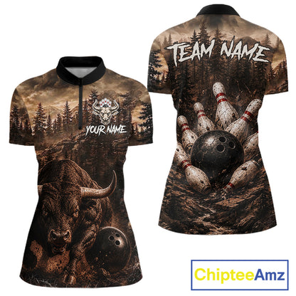 Funny Bull Bowling Shirts For Women Custom Grunge Forest Polo & 1/4 Zip Bowling Team Jersey NYN3731