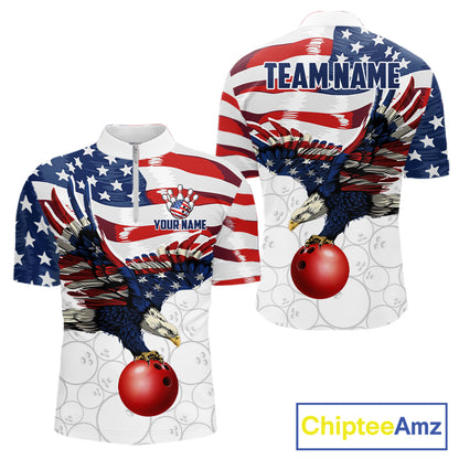 Red, White And Blue American Flag Eagle Bowling Shirts For Men Custom Patriot Bowling Team Jersey NYN4026