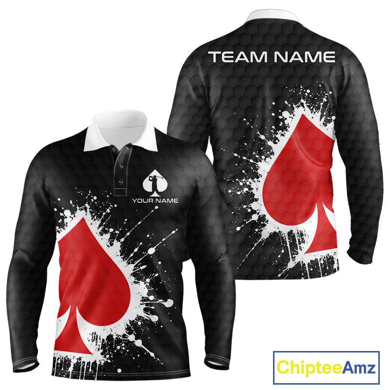 Red Spades Poker Mens Golf Polo Shirt Custom Name Splatter Poker Golf Top For Team, Golf Gift NYN4034