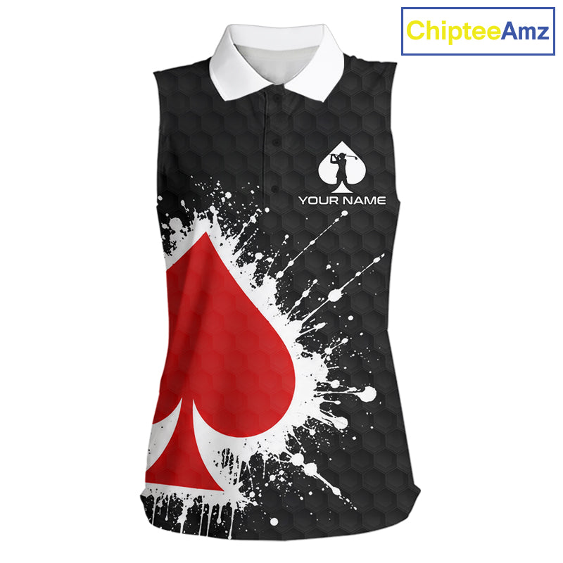 Red Spades Poker Womens Golf Sleeveless Polo Shirt Custom Name Splatter Poker Golf Top For Team, Golf Gift NYN4034