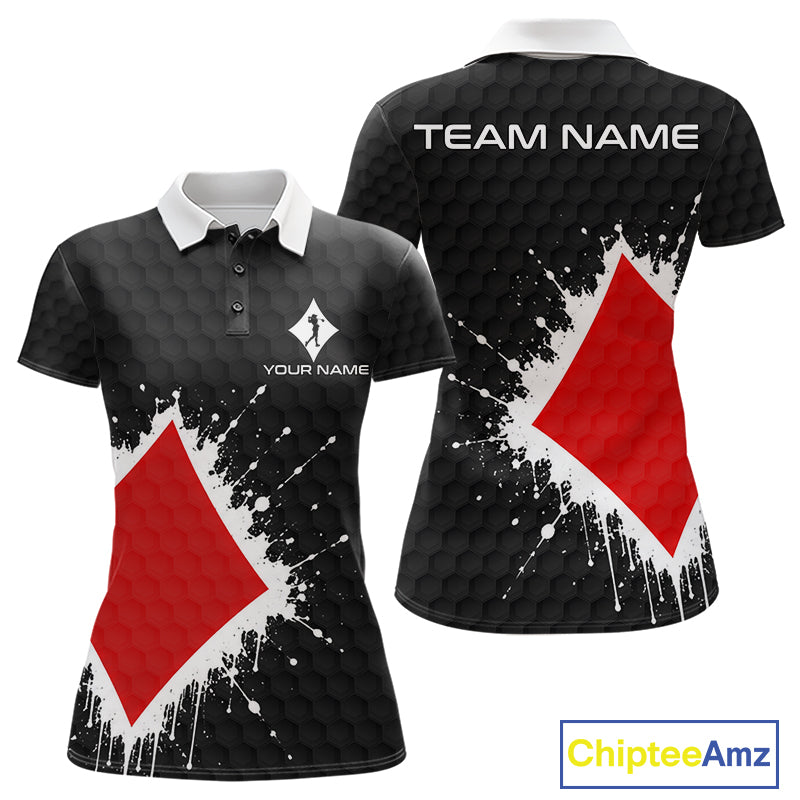 Red Diamonds Poker Womens Golf Polo Shirt Custom Name Splatter Poker Golf Top For Team, Golf Gift NYN4036