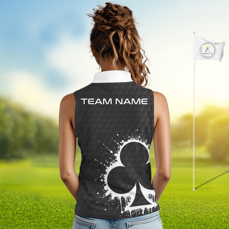 Black Clubs Poker Womens Golf Sleeveless Polo Shirt Custom Name Splatter Poker Golf Top For Team, Golf Gift NYN4037