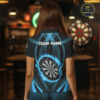 Custom Flaming Dragon Blue Digital Flow Women Darts Polo Team Shirt Dart League Jerseys NYN2177