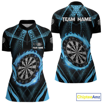 Custom Flaming Dragon Blue Digital Flow Women Darts Quarter-Zip Team Shirt Dart League Jerseys NYN2177