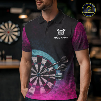 Blue & Pink Tie Dye Grunge Darts Polo Shirts For Men Custom Wings Dartboard Team Jerseys NYN2447