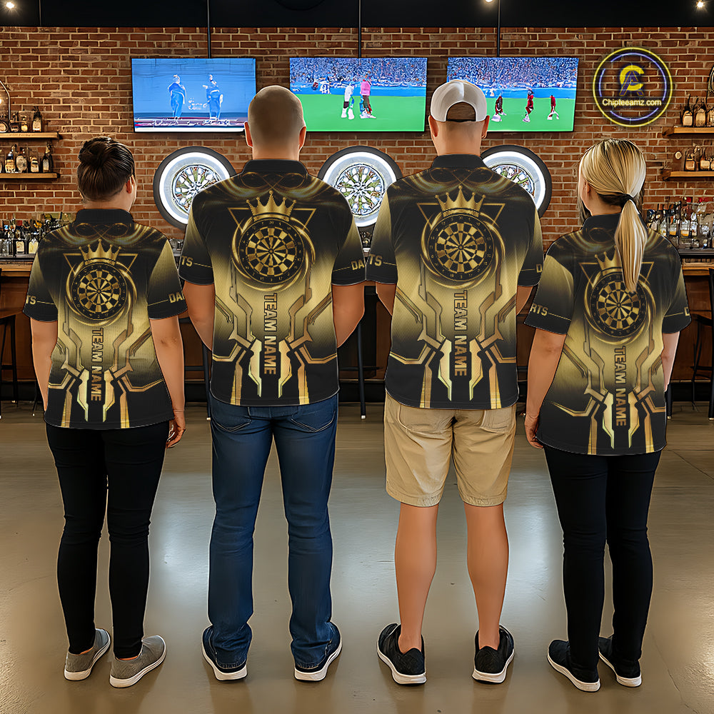Black And Gold Crown Dartboard Men Darts Polo & 1/4-Zip Shirt Custom Light Gold Dart Team Jersey NYN3032