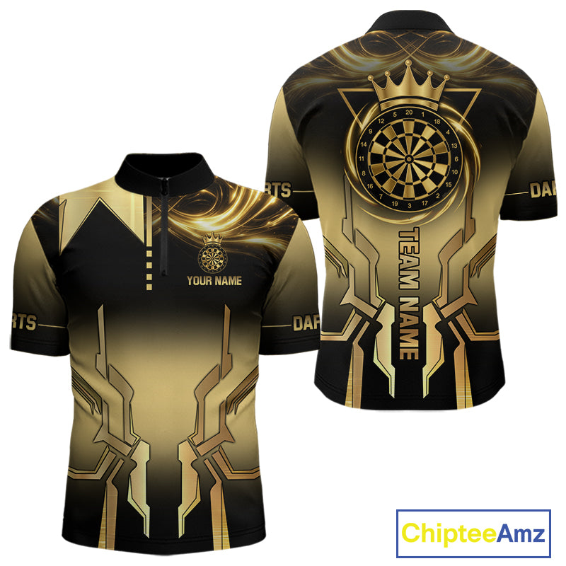 Black And Gold Crown Dartboard Men Darts Polo & 1/4-Zip Shirt Custom Light Gold Dart Team Jersey NYN3032