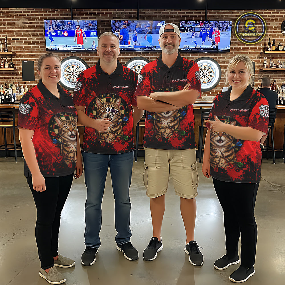 Black And Red Splatter Paint Dartboard Custom Funny Cat Darts Shirt For Men Outfits Darts Jersey NYN3038