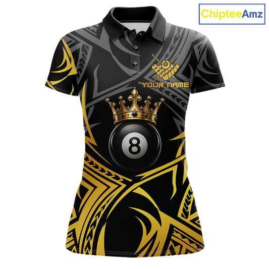 Gold Tribal Crown women's 8 Ball billiard polo featuring luxurious crown artwork, elegant tribal patterns, personalized pool tournament jersey, custom cue sports apparel, APA league performance uniform, premium billiard team shirt