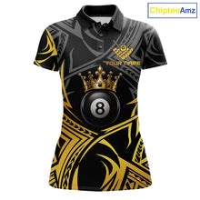 Load image into Gallery viewer, Gold Tribal Crown women's 8 Ball billiard polo featuring luxurious crown artwork, elegant tribal patterns, personalized pool tournament jersey, custom cue sports apparel, APA league performance uniform, premium billiard team shirt