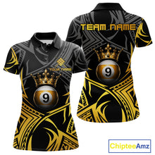 Load image into Gallery viewer, Gold Tribal Crown women's 9 Ball billiard polo featuring premium royal crown artwork, personalized 9 Ball tournament jersey, APA BCA cue sports apparel, custom championship pool team shirt, luxury athletic performance clothing