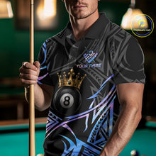 Load image into Gallery viewer, Male model wearing Holographic Tribal Crown billiard polo featuring holographic tribal artwork, personalized APA tournament jersey, premium athletic cue sports clothing inspired by modern performance fashion