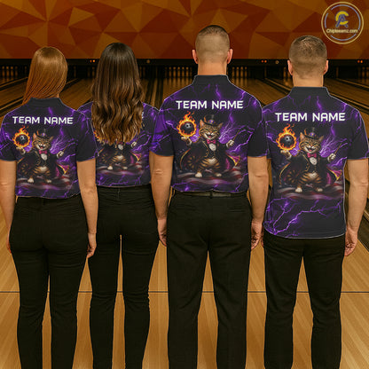 Magician Cat Flame Bowling Ball Funny Bowling Shirt For Men Custom Purple Thunder Bowling Team Jersey NYN4059