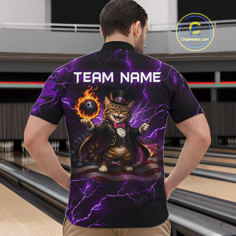 Magician Cat Flame Bowling Ball Funny Bowling Shirt For Men Custom Purple Thunder Bowling Team Jersey NYN4059