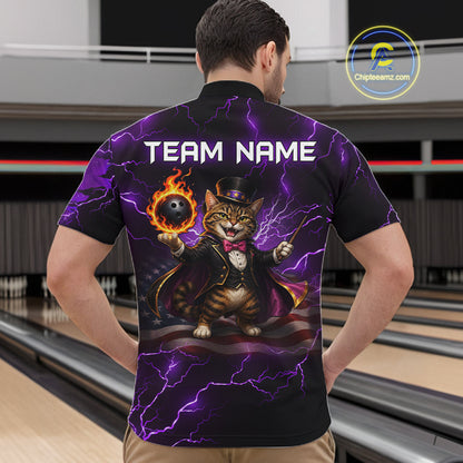 Magician Cat Flame Bowling Ball Funny Bowling Shirt For Men Custom Purple Thunder Bowling Team Jersey NYN4059