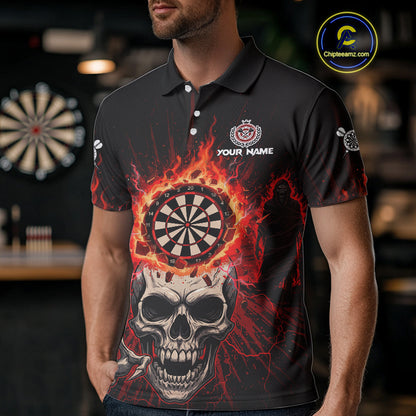 Red Skeleton Flames Cracked Dartboard Custom Men Darts Polo Shirt Dart Jerseys NYN1920