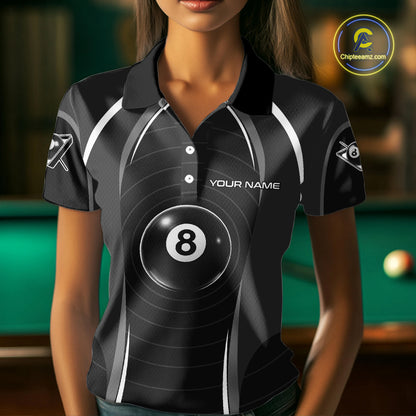Black Blur 8 Ball Pool Polo & 1/4-Zip Team Shirt For Women Personalized Billiards Ball Apparel NYN2453