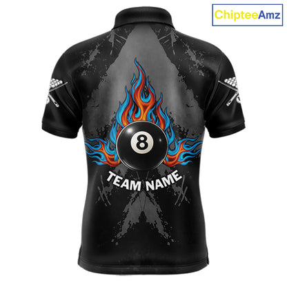 Blue And Red Flames 8 Ball Pool Men Polo & 1/4-Zip Team Shirts Custom Billiards Ball Apparel NYN2460