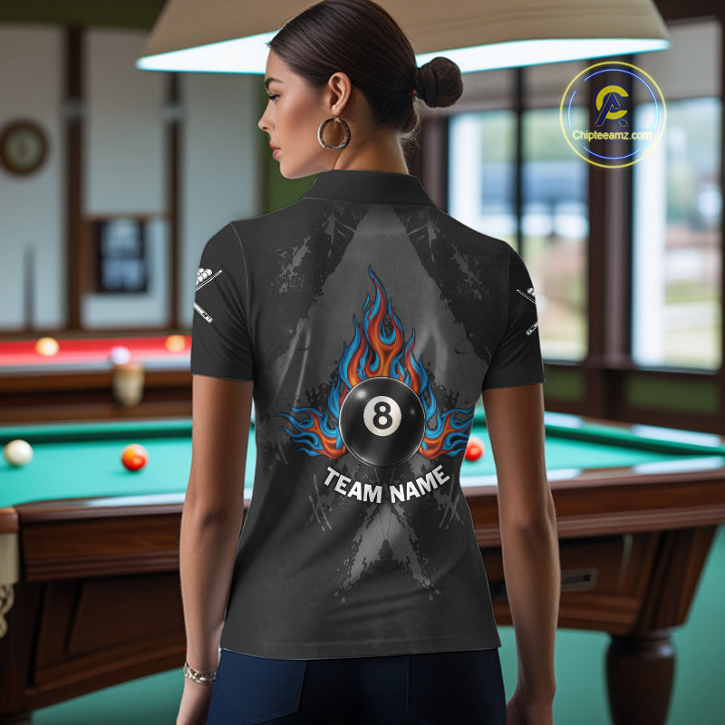 Blue And Red Flames 8 Ball Pool Women Polo & 1/4-Zip Team Shirts Custom Billiards Ball Apparel NYN2460